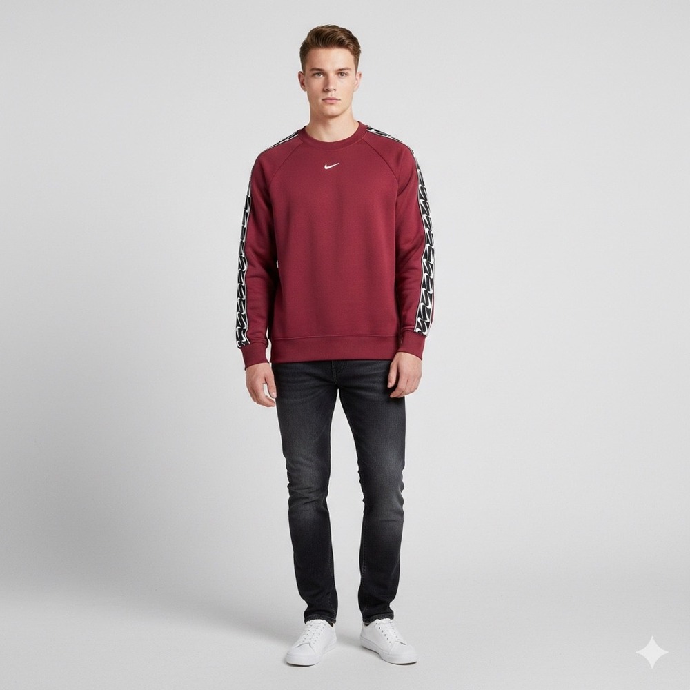 Nike Mens Size XS Repeat Swoosh Tape Crewneck Sweatshirt Maroon Burgundy Sporty
